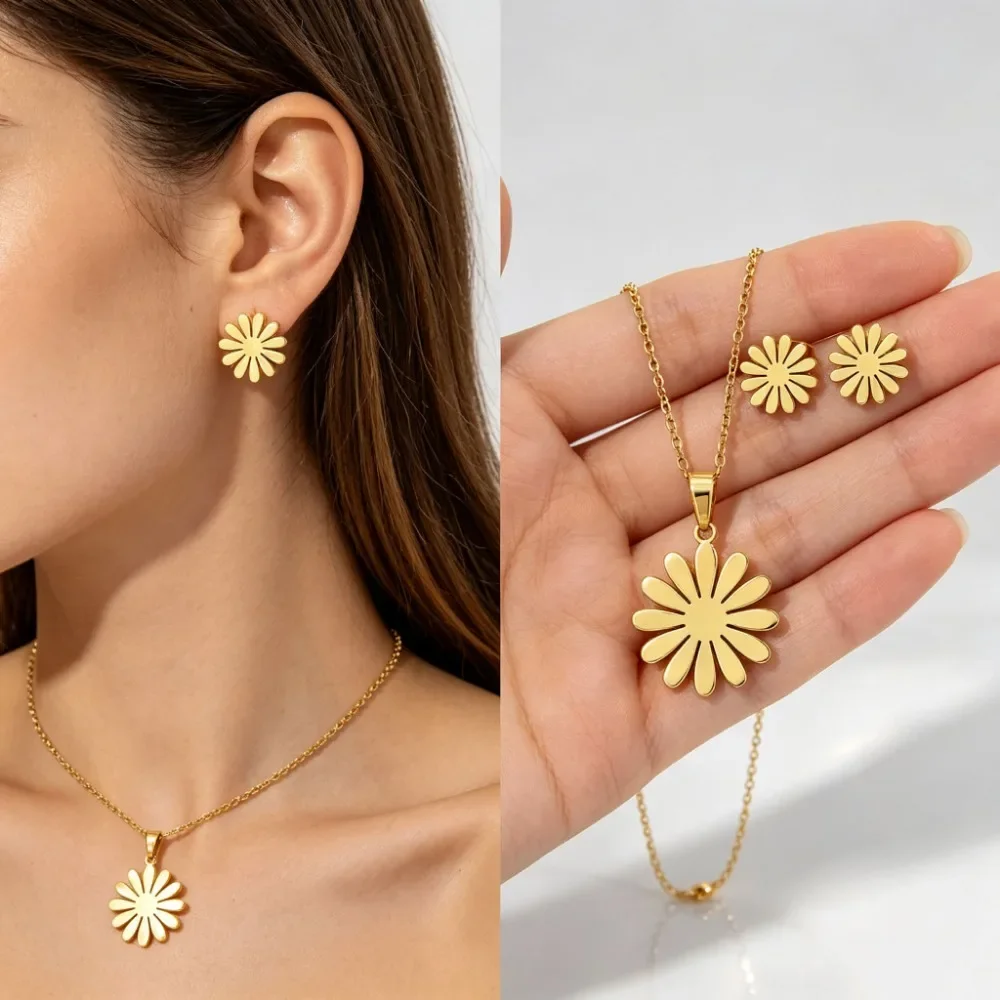 Stainless Steel Gold Daisy Flower Choker Necklace for Women New Fashion Sweet Upscale Chain Neck Jewelry