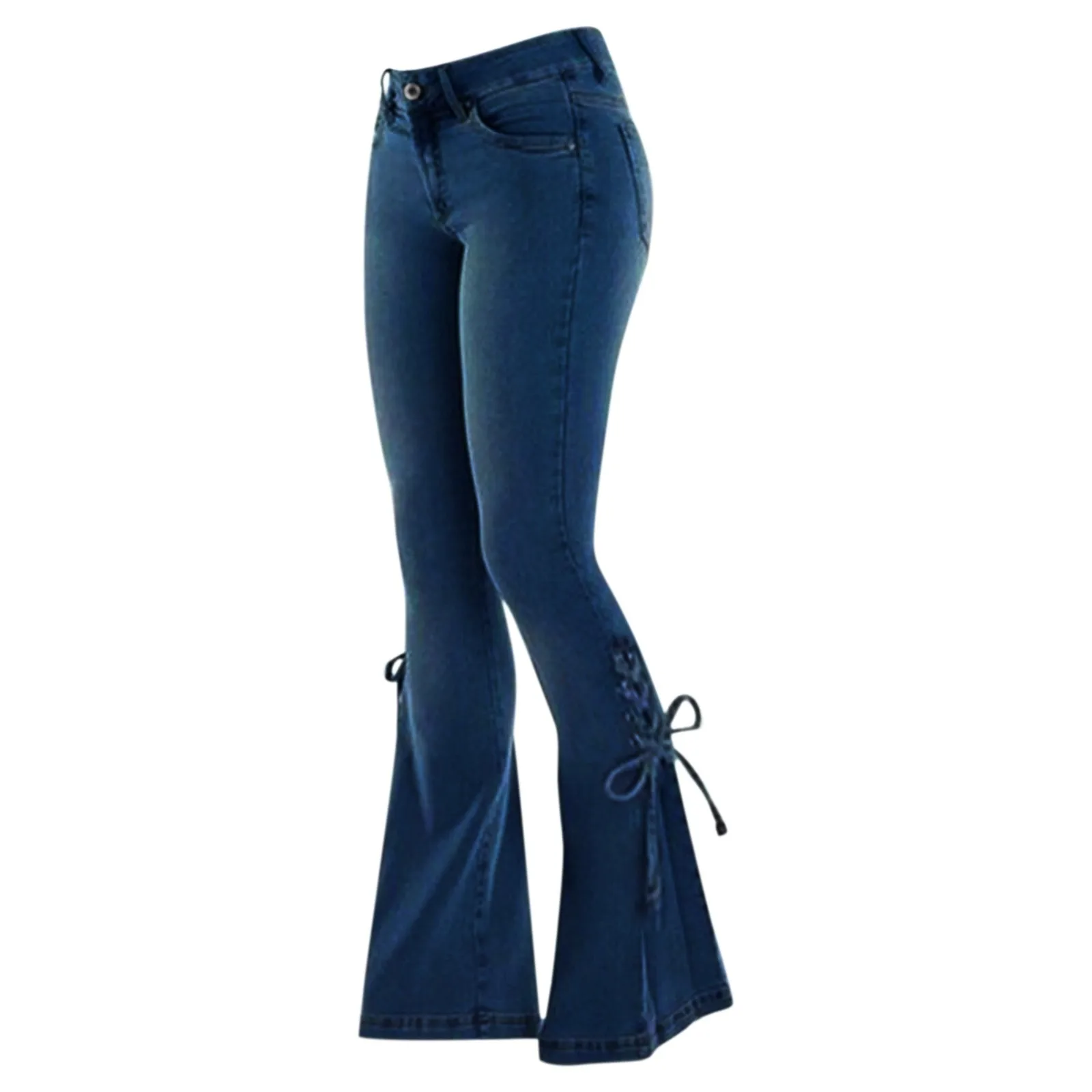 Y2k Denim pantaloni svasati Jeans donna pantaloni elastici a vita alta con lacci pantaloni Streetwear tinta unita estetica pantaloni eleganti