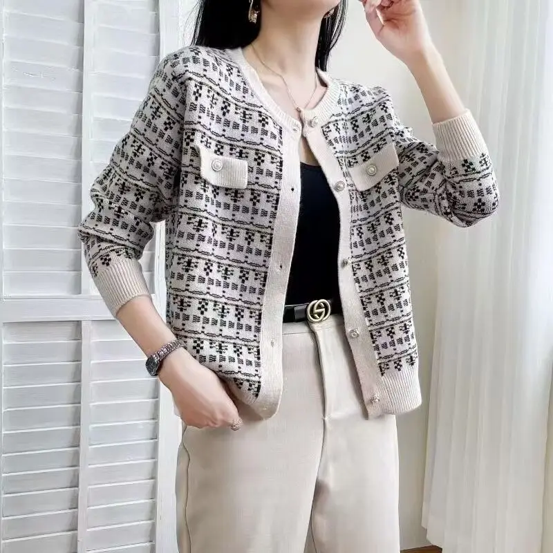 

Короткая куртка с круглым вырезом для женщин, весна-осень, элитный модный новый модный вязаный кардиган с высокой талией