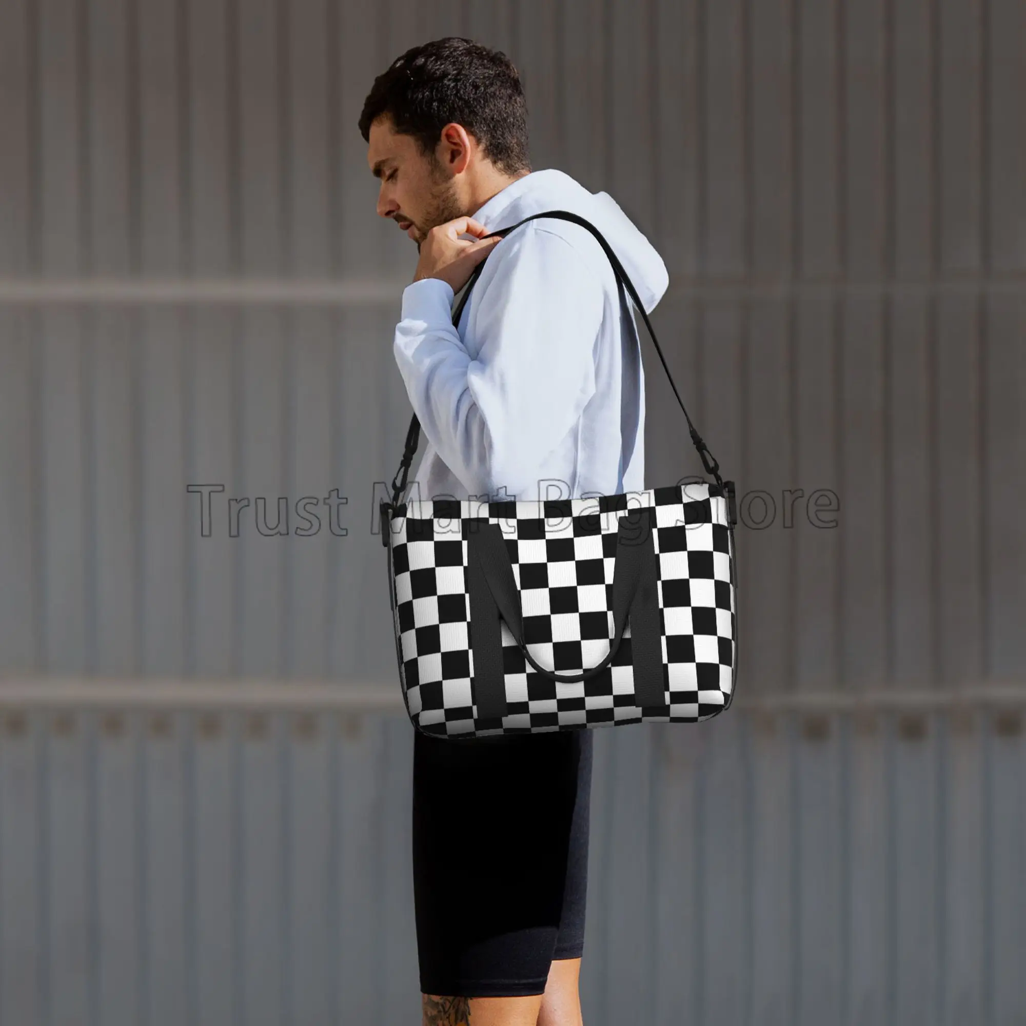 Black White Racing Checkered Print Travel Tote Bag Multipurpose Waterproof Weekender Bags Sports Gym Yoga Casual Luggage Bag