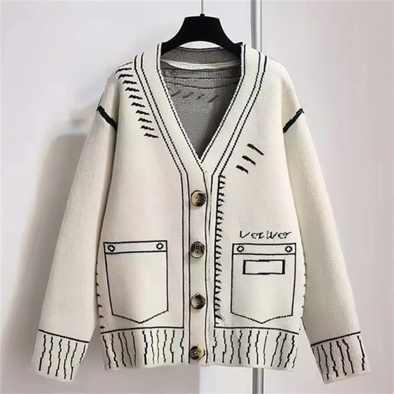 Cardigan Women New Loose and Lazy Style Jacket for Autumn and Winter, Knitted Top, Black and White Silhouette, Painted Graffiti