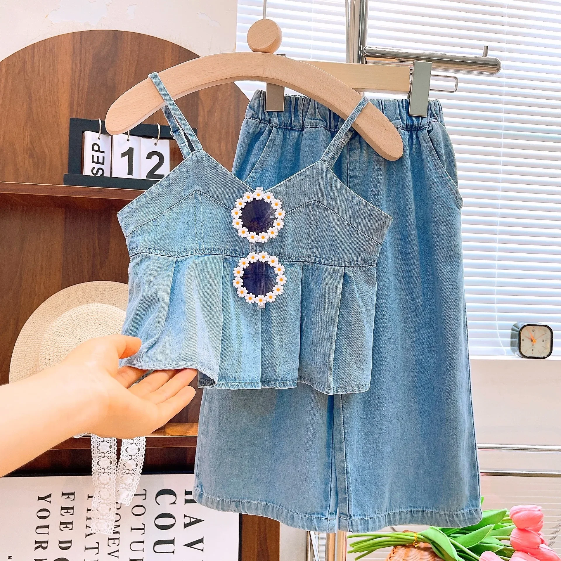 Children\'s Clothing Sets Denim Halter Top and Wide-leg Pants 2pcs Sets Kids Clothes Girls for 3 To 7 Years Kids Boutique Clothes