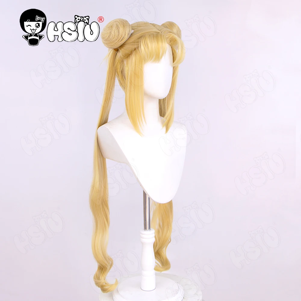 Peruca Cosplay Tsukino Usagi, HSIU 95cm, Loiro, Rabo de Cavalo Duplo, Longo, Encaracolado, Doar, Peruca Brand