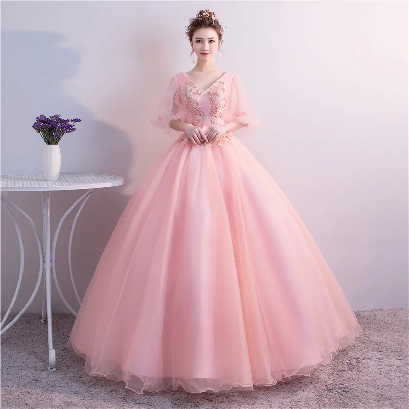 Vestidos De quinceañera Rosa dulce, Vestido elegante con cuello en V, encaje Floral, Vestido De baile De tul con mangas abullonadas, nueva moda