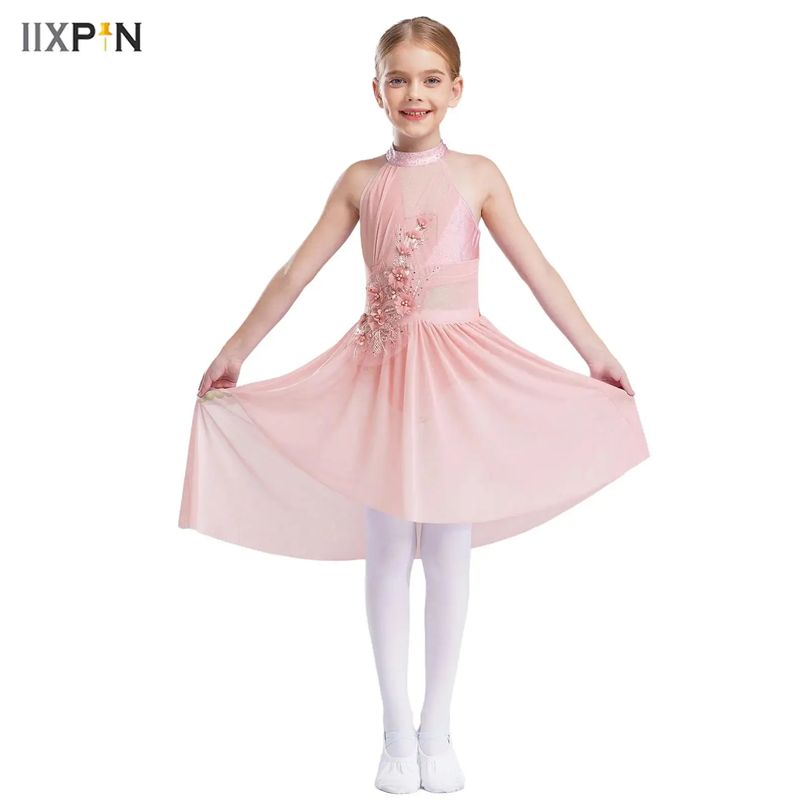 

Kids Girls Ballet Lyrical Dance Dress Sleeveless Irregular Hem Shiny Rhinestones Applique Leotard Dress for Ballroom Dancewear