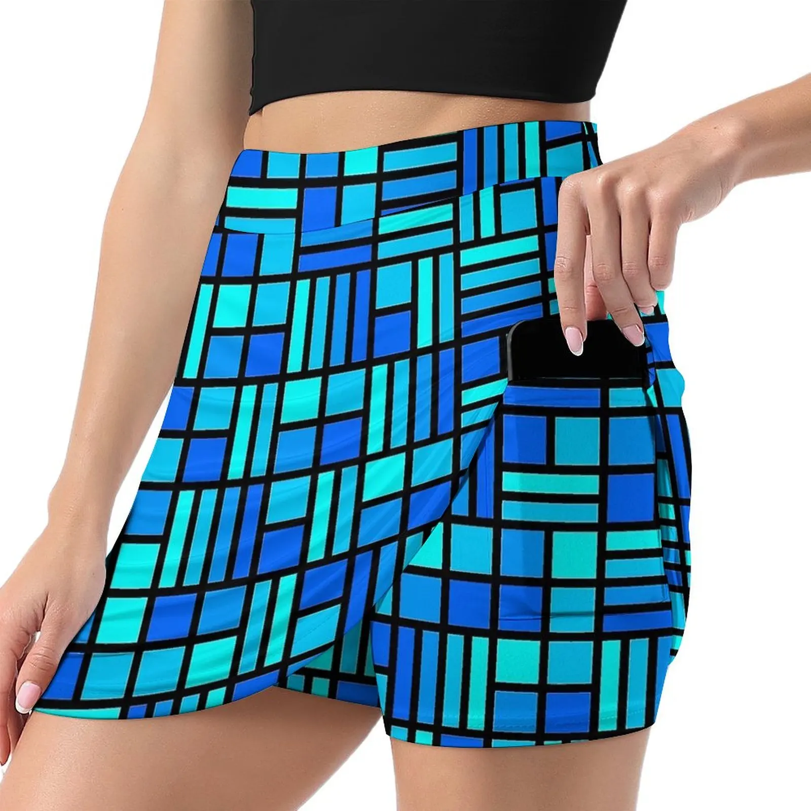 Blue Mondrian Stained Glass Print Skirt  Streetwear Casual Skirts Female Retro Mini Skirt Printed Bottoms Gift