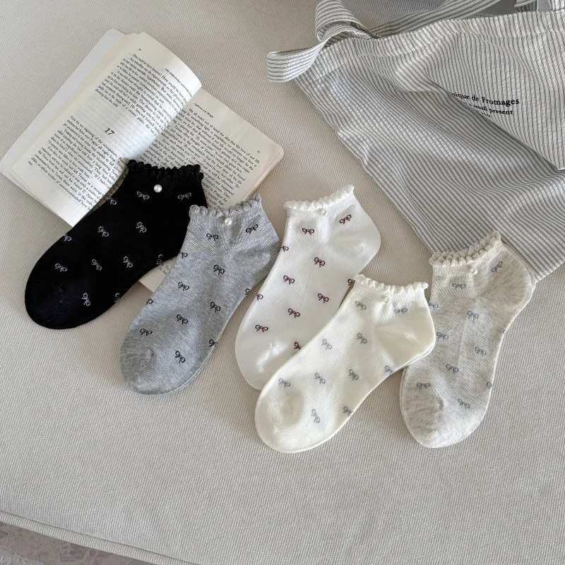 5Pairs Women Ruffle Ankle Socks Cute Bow Print Pearl Decor Soft Breathable Cotton Socks Daily Match Sneakers Loafers Summer
