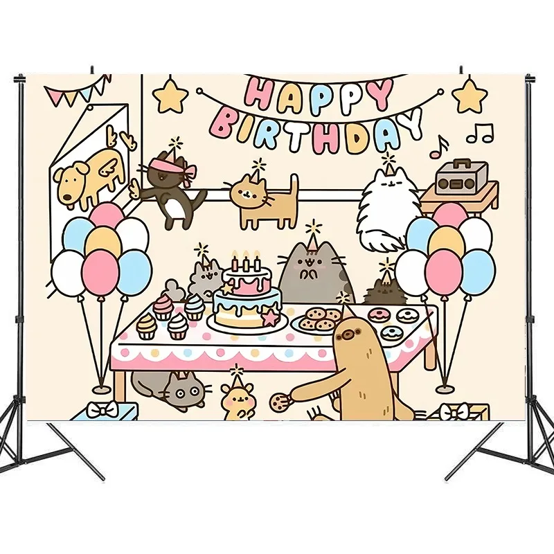 Pusheen Birthday Backgrounds Photography Backdrops Anime Fat Cats Vinyl Wall Hanging Decorations Cute Kids Party Prop Supplies