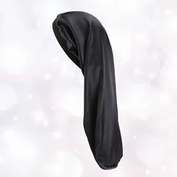 Gorro elástico con banda elástica para dormir, gorro de noche con trenzas largas, protección para el cabello, tubo para mujer, color negro