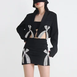 3D Bow strass abbellimento abito cappotto diamanti blazer con perline cappotto Cardigan di cristallo + papillon corto gonna a trapezio 2 pezzi Set