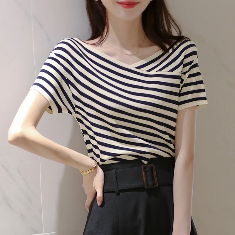 

Женская одежда, винтажная полосатая футболка, летняя элегантная крутая шелковая вязаная футболка с короткими рукавами, женский пуловер с v-образным вырезом, модные повседневные топы