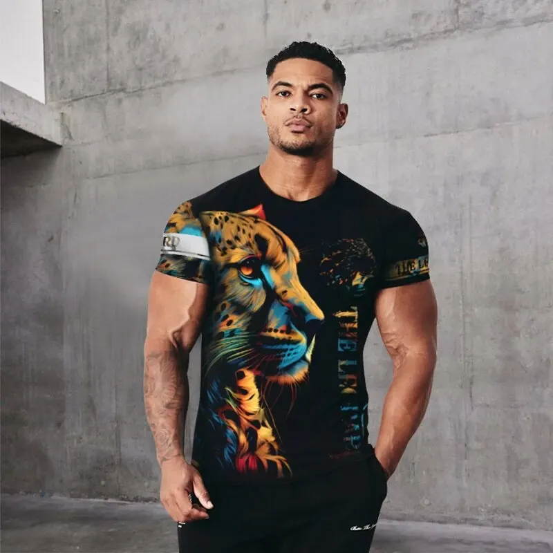 Summer Men\'s Vintage T Shirt for Leopard Graphics 3D Print Top Fitness Sport Short Sleeve Casual Oversized Breathable Streetwear