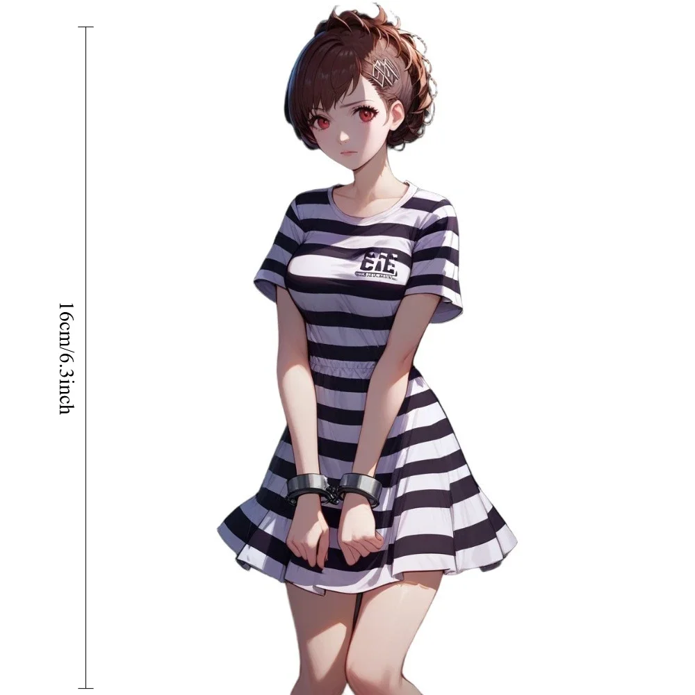 Anime Car Sticker Shiomi Kotone 16cm Waterproof Vinyl Decal Brown Short Hair Red Eyes Striped Prison Dress Decal for Motorcycle