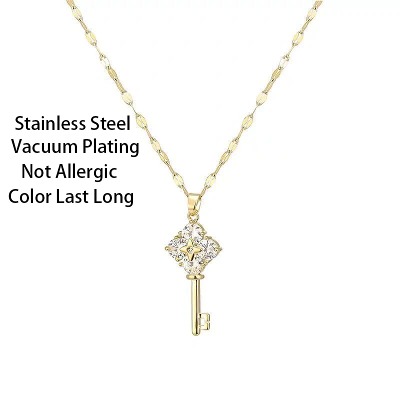 Korean Style Fashion Crystal Zircon Key Pendant Stainless Steel Necklace For Women Cute Gold Color Ladies Clavicle Chain Jewelry