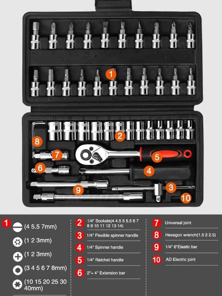 46pcs Car Repair Tool Kit Socket Set Car Repair Tool Ratchet Torque Wrench Combo Auto Repairing Tool Set