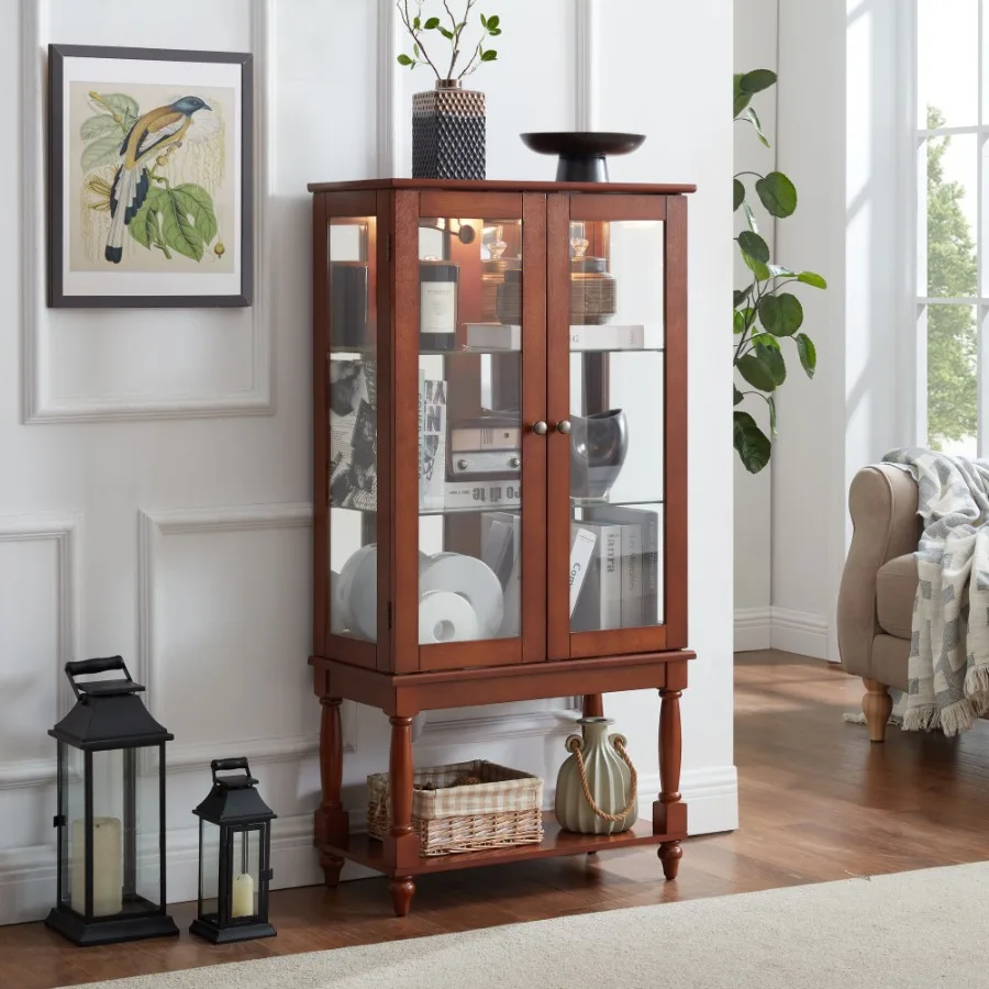 

Curio Cabinet Lighted Curio Diapaly Cabinet with Open Storage Space Solid Wood Legs and adjustable Shelves Acrylic Mirrored Bac