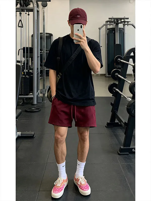 Red Sport Shorts Men's Summer Thin American Retro Fitness Outdoor Basketball Running Four Five Split Pants Casual Loose Fit