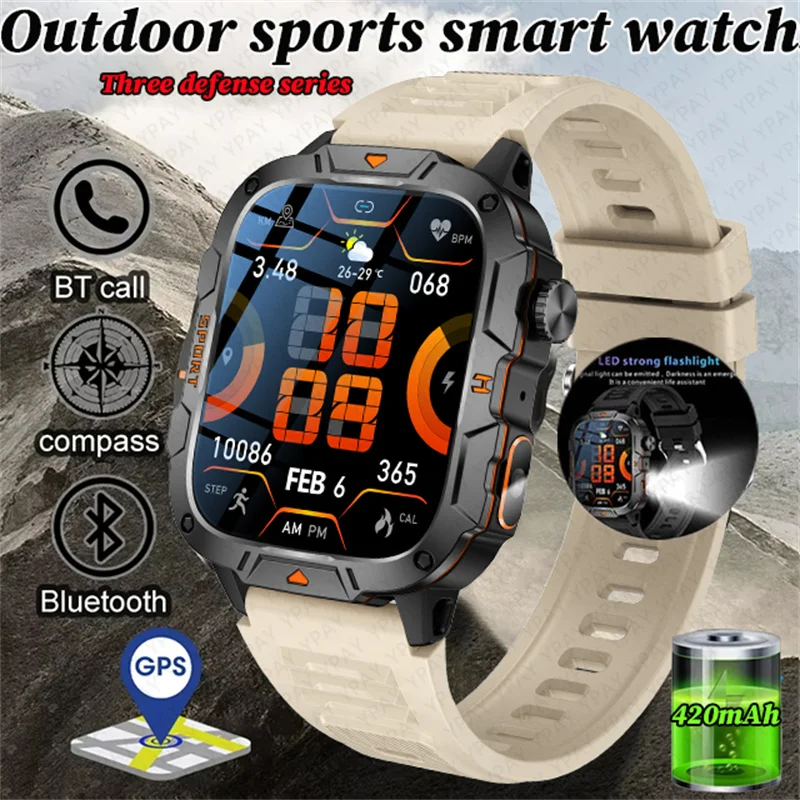 

NEW Flashlight Outdoor Sports Smart Watch Men Altitude,Air Pressure Measure Compass AI Voice Assistant BT Call 420mAh Smartwatch