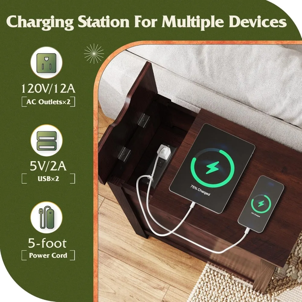Narrow End Table Set of 2 With Charging Station, Side Tables for Living Room, Small Spaces, Couch, Night Stand Set With Storage,