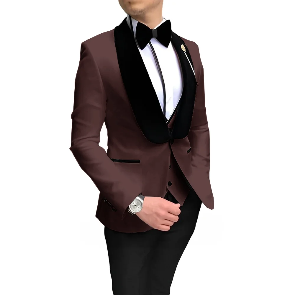 Elegant Men\'s 3-piece Suit Set Velvet Collar Design Formal Groom Tuxedo Wedding Outfit (Jacket Pants Vest)XS-5XL