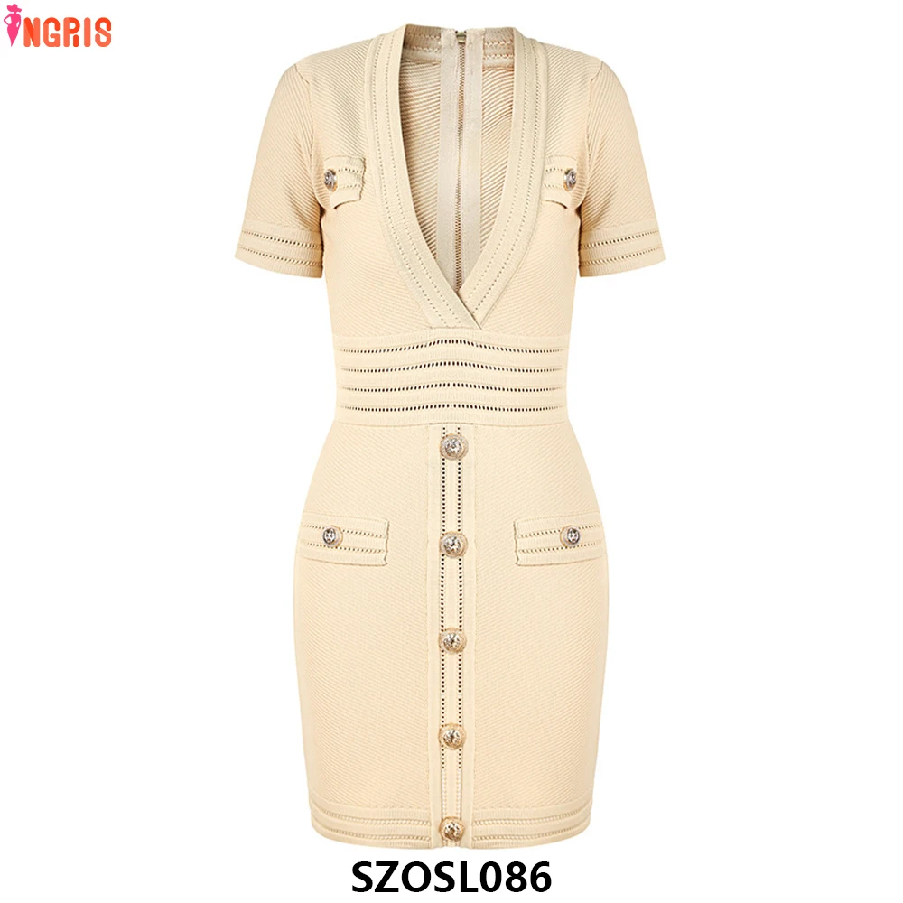 

Sexy V-neck Short Sleeve Women's Slim Elastic Casual Knitted Dress Tights-SZOSL086
