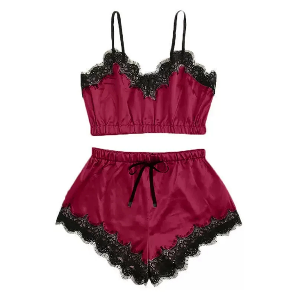 Women Summer Strappy Cutout Underwire Retro High Waist Lace BOW Camisole Pajamas Tight Fitting Thin Home Shorts Top Set