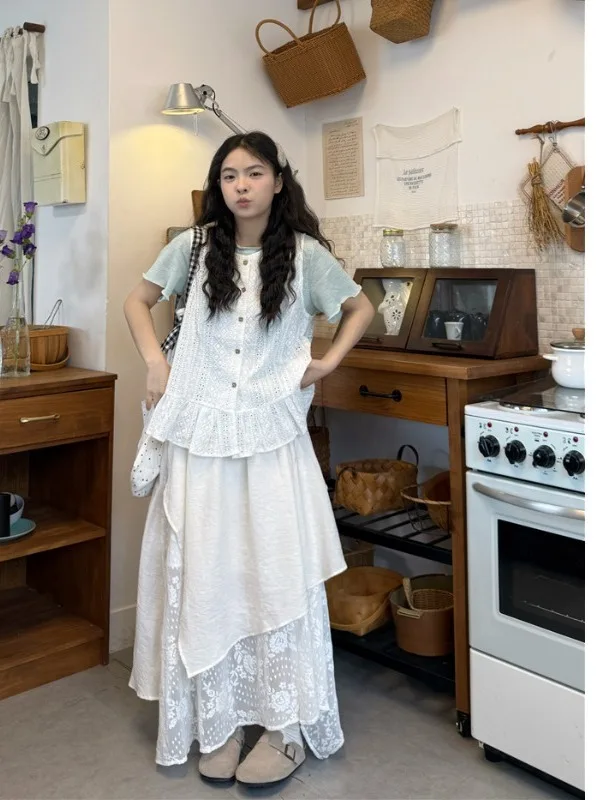 

plus Size Women's Sweet Style Layered Lace Vest T-Shirt Summer New High Waist Ruffle Skirt Two-Piece Set Korean Style