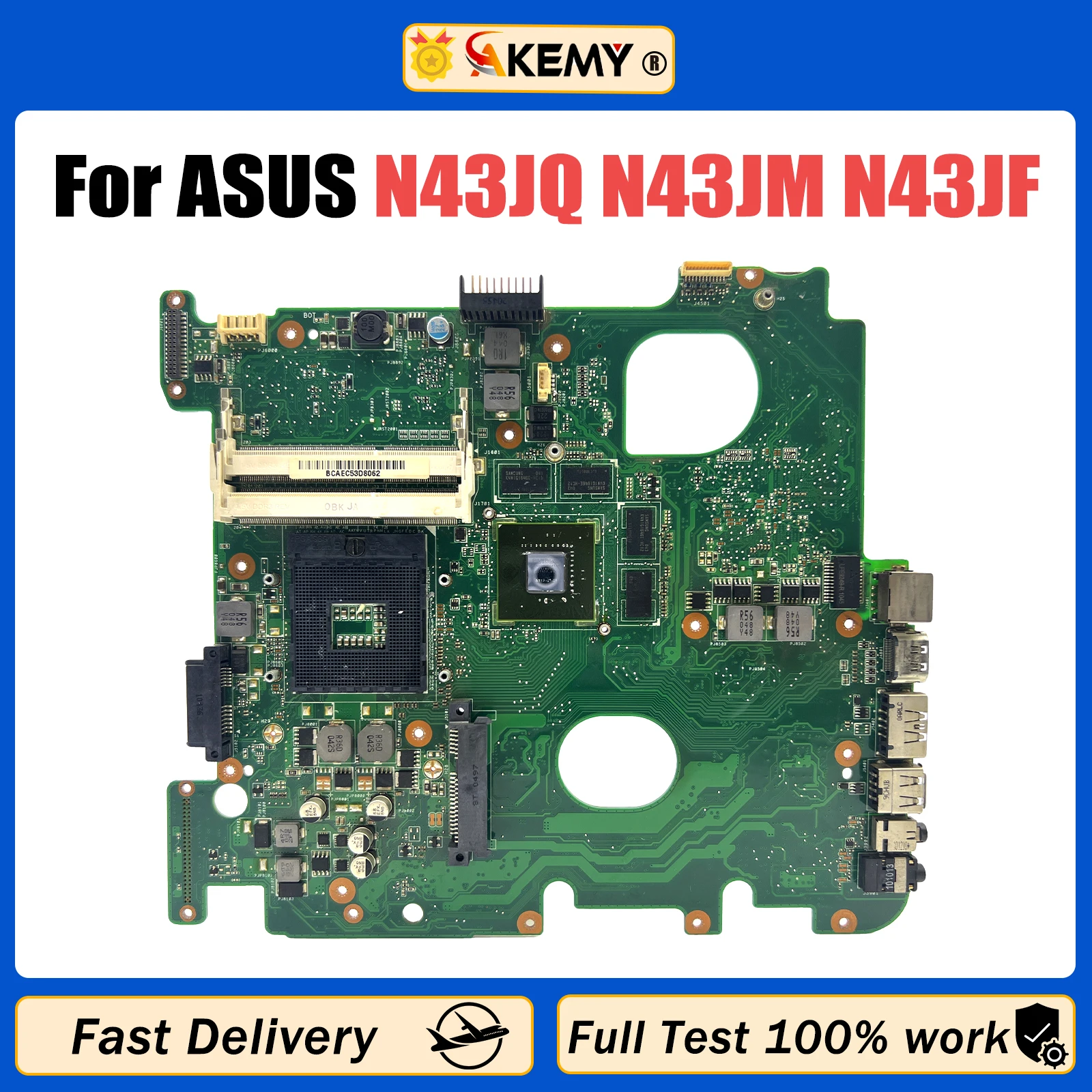 AKEMY N43JQ Motherboard For ASUS N43JM N43J N43JF Laptop Mainboard HM55 GT435M 1G N11P-GT-A1 REV2.0 PGA989 Test 100% OK