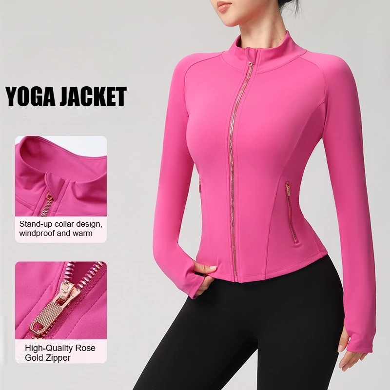 Spring Stand-Up Collar Rose Gold Zipper Jacket, Sports and Fitness Casual High-Elasticity Long-Sleeved Women Slimming Yoga Wear