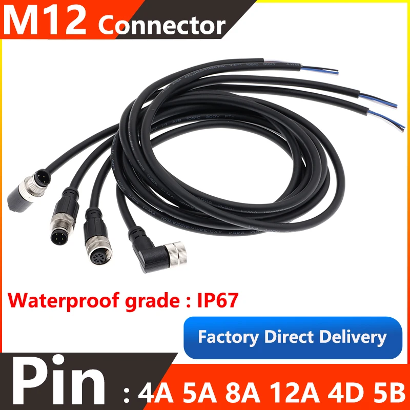 M12 industrial waterproof IP67 male and female plugs with cable connectors 4A 5A 8A 12A 4D 5B pin type