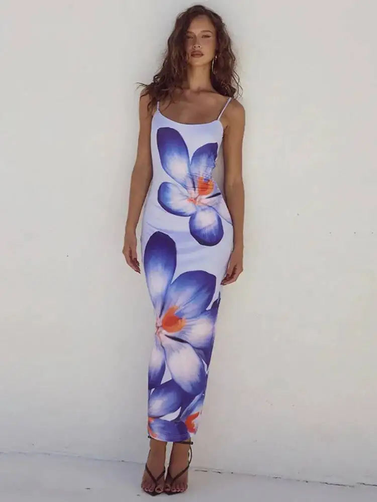 Floreal Print Long Dress For Women Gown Summer New Spaghetti Strap Sleeveless Backless Bodycon Sexy Midi Dress Elegant XW4E