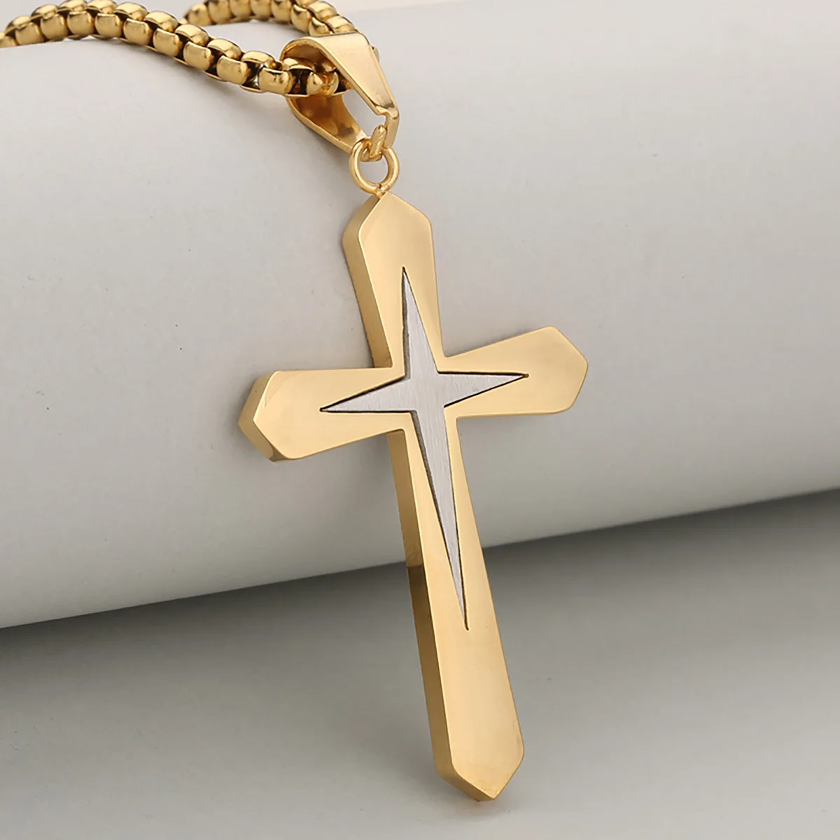 Niche Design Two-Tone Splice Starry Stainless Steel Cross Pendant Necklace For Men And Women, Unique & Non-repetitive