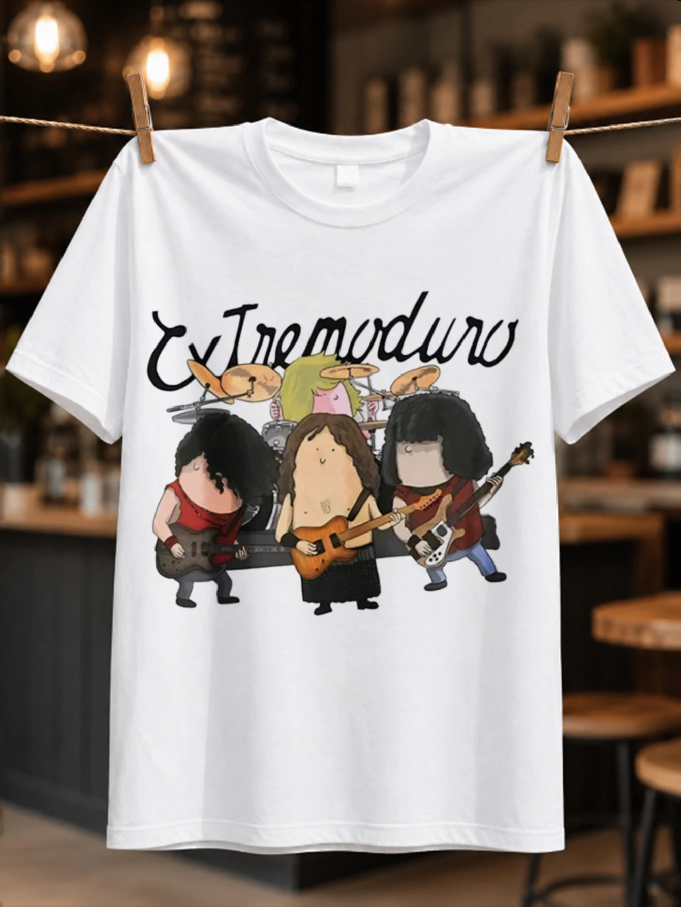 cartoon rock band with guitars and drum set under handwritten script playful music caricature  Unisex All T-Shirt