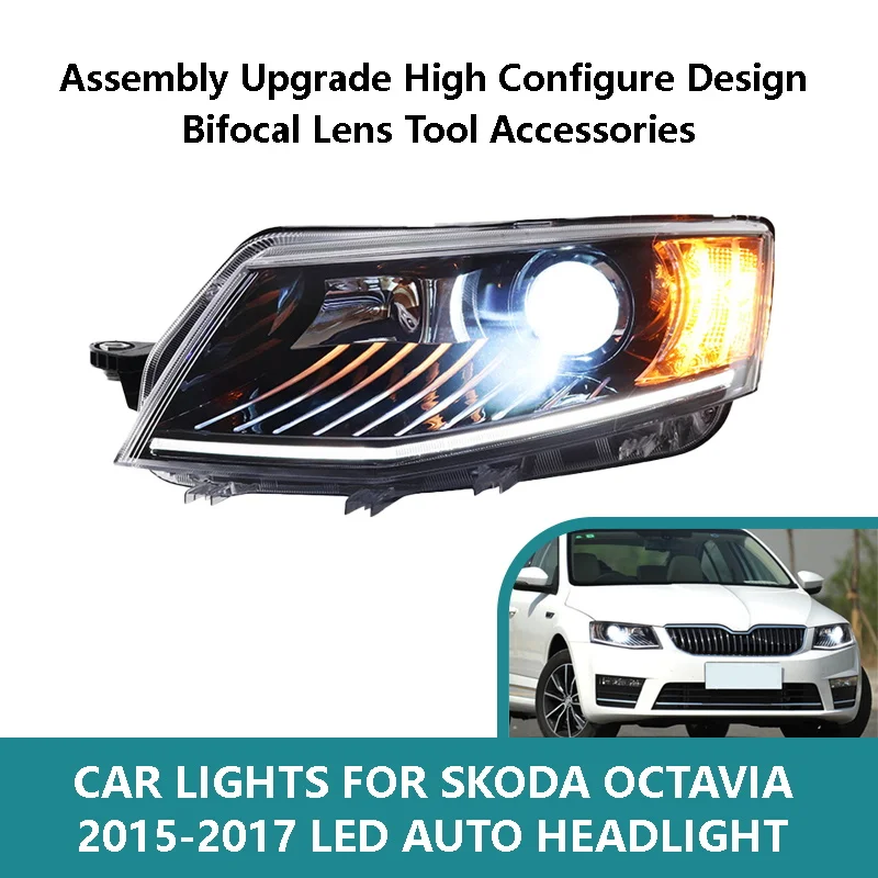 

Автомобильные фары для Skoda Octavia 2015-2017, светодиодные автомобильные фары в сборе, обновленный дизайн с высокой настройкой, бифокальные линзы, аксессуары для инструментов