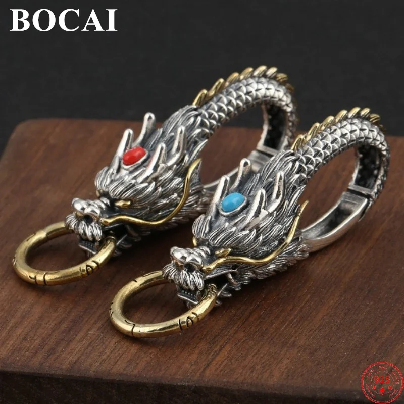 

BOCAI S925 Sterling Silver Keychain for Men Women Retro Chinese Loong Patron Saint Safety Pendants Amulet Jewelry Free Shipping