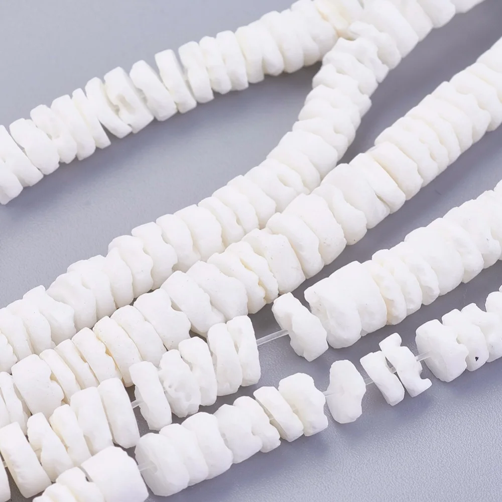 White Shell Beads Strands Disc/Flat Round Heishi Beads 5.5~7.5x1.4~4mm Hole: 1~4mm 275~302pcs/strand 22.83~23.81 inch(58~60.5cm)