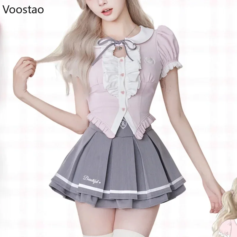 Preppy Style Lolita Skirt Set Women Kawaii Ruffles Peter Pan Collar Shirt Cute Mini Pleated Skirts Suit Female Korean JK Uniform