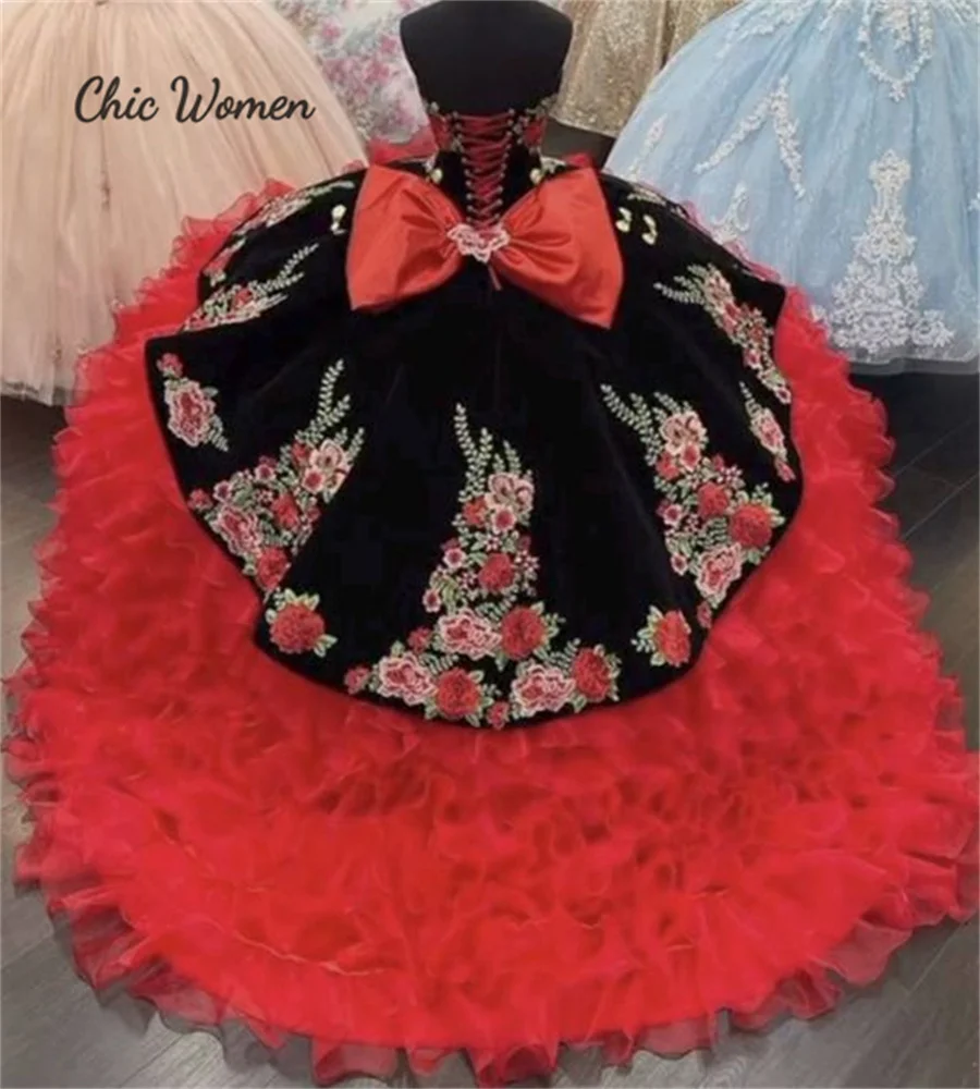 Luxo charro mexicano quinceanera vestidos organza babados bordado vestido de festa de aniversário frisado arco vestios xv 15 personalizado