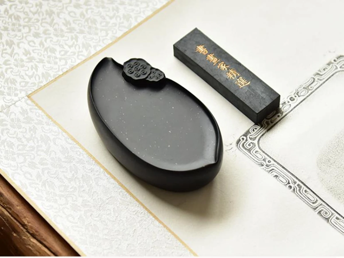 Famous Chinese She Stone Hand Carved Lotus Seeds Water Ink Brush Inkstone Inkslab Calligraphy Painting Tool