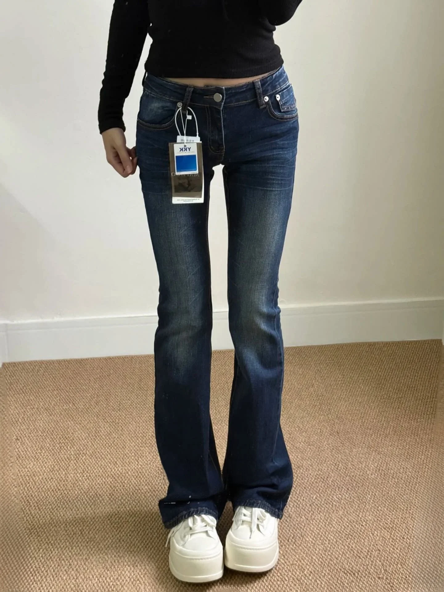 

Low Waist Bell Bot Denim Jeans Women's Design Sensation Waed American Retro High Waist Slimming Long Pants