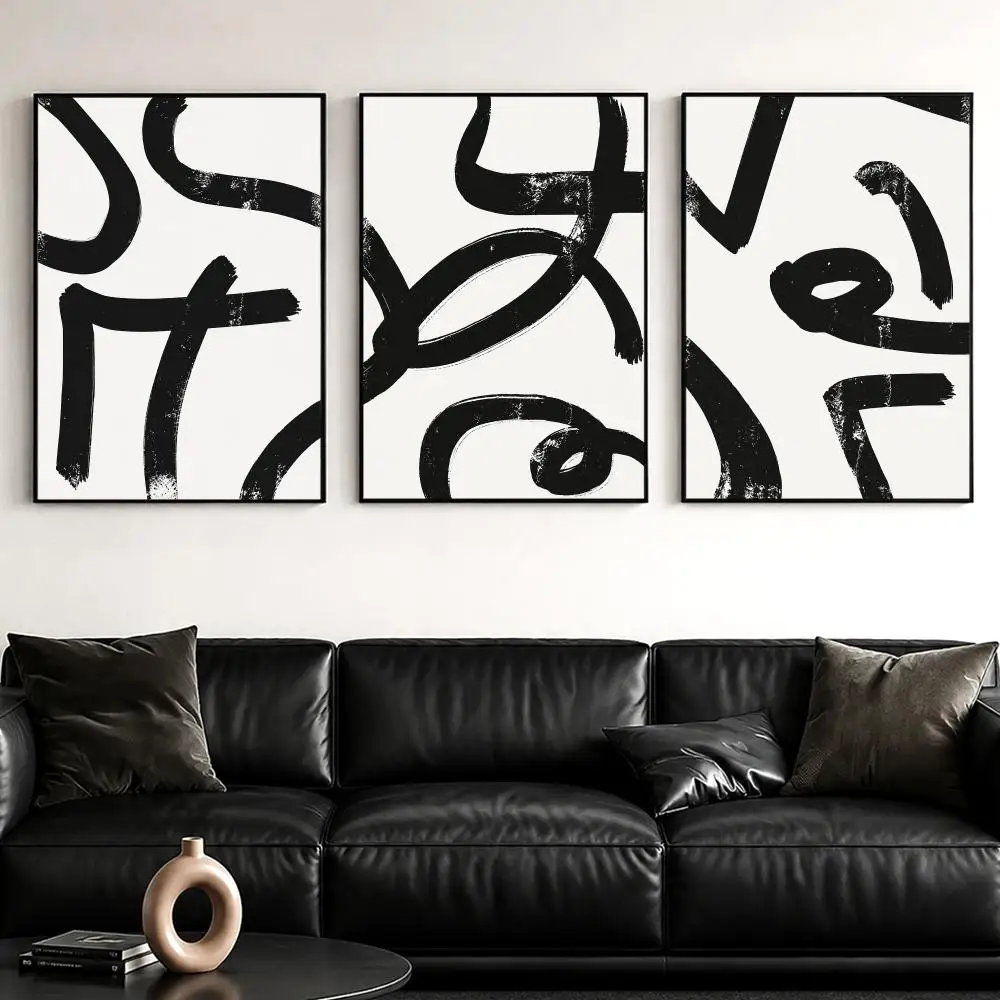 Monochrome Brushstroke Painting Calligraphy Canvas Wall Art Print Set | Living Room Bedroom Aesthetics Decor Gift