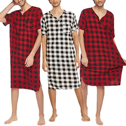 Casual Plaid Sleepwear Nightgown Men Pajamas Short Sleeve V-neck Casual Homewear One-piece Home Loose Bathrobe Sleep Robe S-3XL