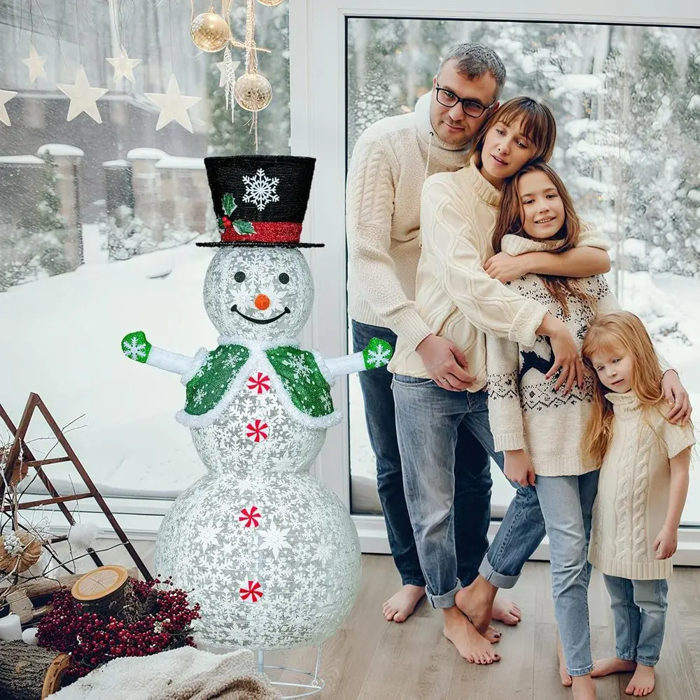 رجل ثلج قابل للطي بإضاءة LED مقاس 51 بوصة لتزيين حديقة عيد الميلاد في الهواء الطلق مع وشاح أخضر وسترة #6