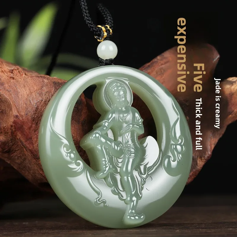 Natural Hetian Jade Free Guanyin Pendant Chinese Lucky Blessing Peace Amulet Hollow Carved Green Jade Necklace For Men Women Spi