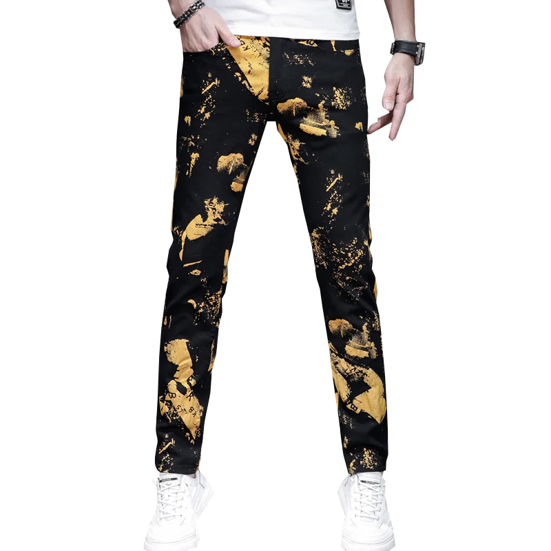 Personalized gold paint printed jeans men's fashion street fashion slim fit skinny stretch casual black trousers