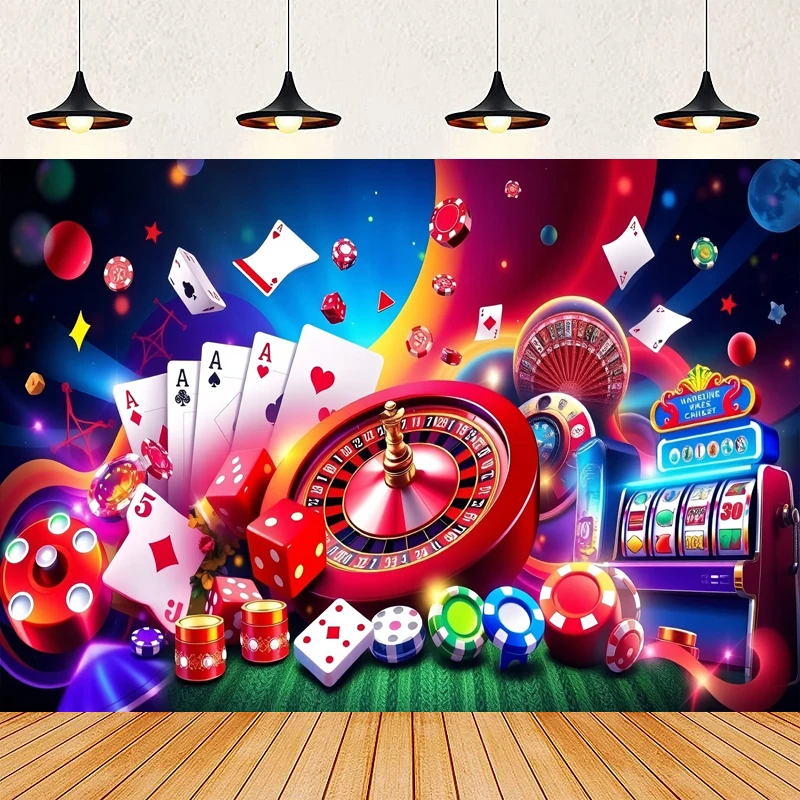 

Casino Games Photography Backdrop Red Curtain Chips Playing Cards Magic Show Venue Stage Background Banner Photo Booth Props