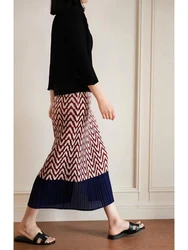 Women Elastic Waist Striped Pleated Skirt High Waist Side Split A-line Skirt 2024 Summer Chic Elegant Clothes