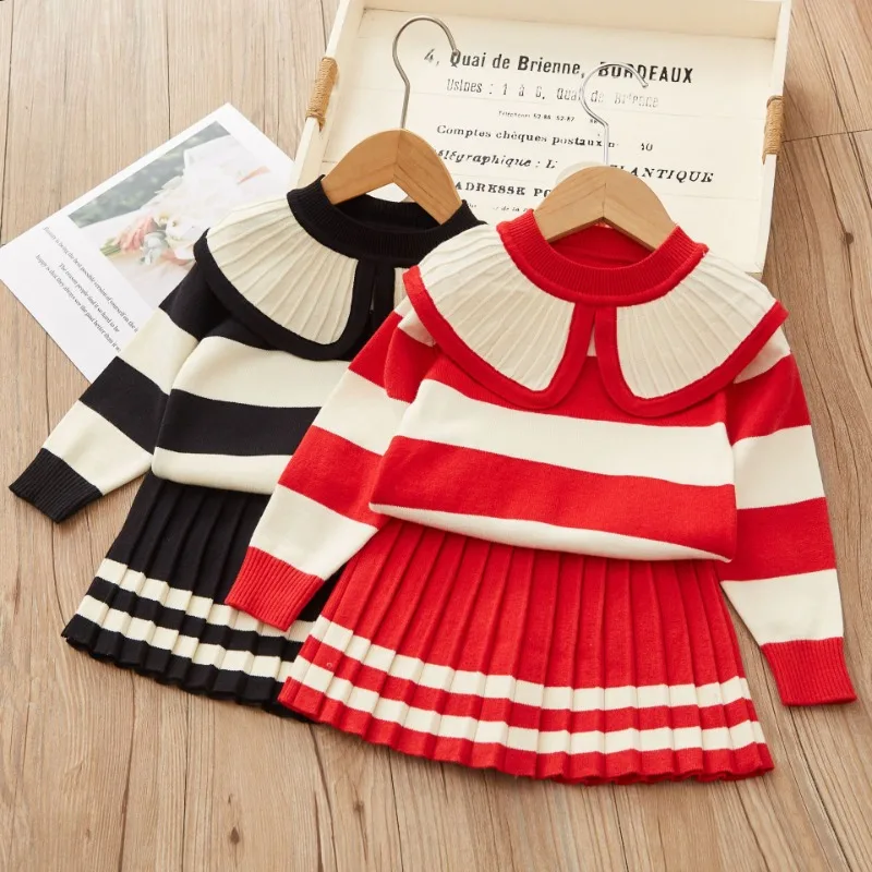 

2024 Autumn Winter New Girls' Casual Loose Knitted Sweater Short Skirt Set Girls' Knitted Warm Set Skirt Girls' Baby Clothing