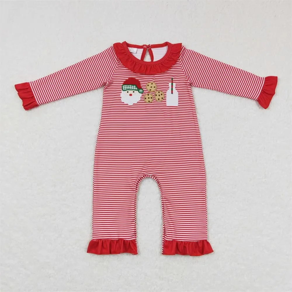 Wholesale Kids Children Red Long Sleeves Infant Christmas Santa Cookie Boy Girl Embroidery Stripes Newborn Toddler Romper