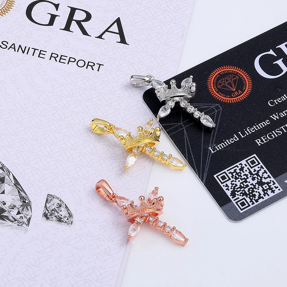 ICEBLING VVS1 Moissanite Crown Cross Pendant Brass Material Iced Out 3 Colors Pendant Hip Hop Rapper Jewelry Unisex Gift